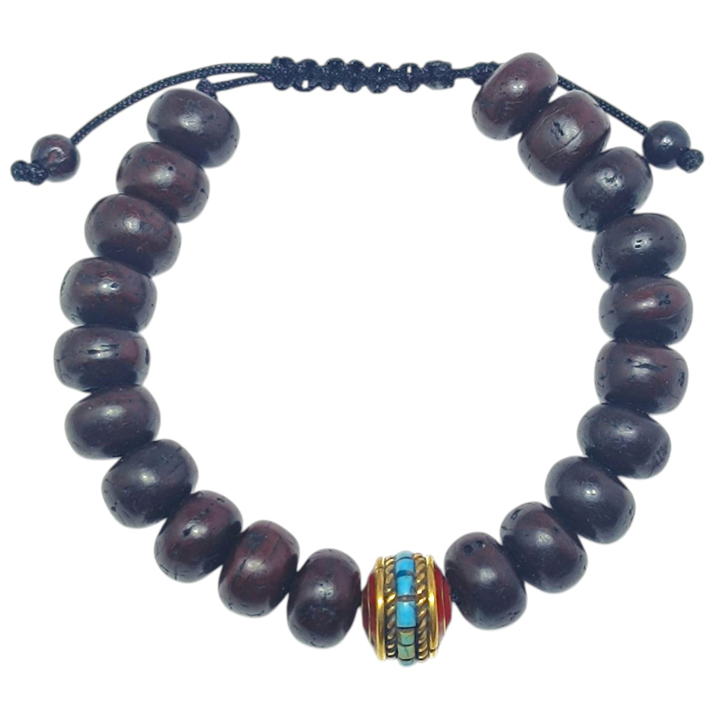 Pulsera Madera Coco Y Entrepieza Tibetana 12x7 mm Aprox (EL DIJE PUEDE LIGERAMENTE SER DIFERENTE) Ref:600404343-02