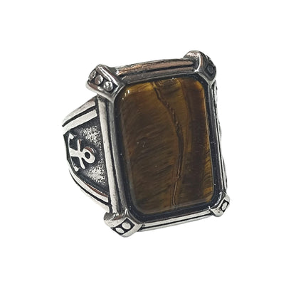 Juego 6 Anillos Acero Inoxidable Ancla Con Piedra Natural Ojo De Tigre Con Diferentes Tallas Desde T18 a T22 REF: 60503-02