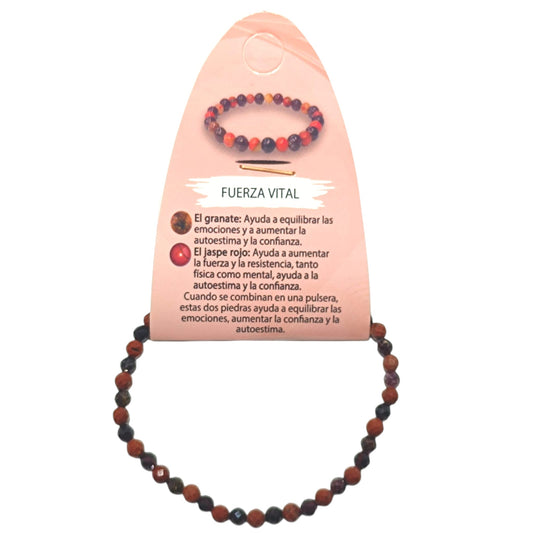 Pulsera Combinada Fuerza Vital Piedra Natural Facetada Granate Jaspe Rojo 4 mm Ref: 70265