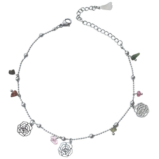 Tobillera Acero Inoxidable Con Dije Rosas Y Piedras 61055-06
