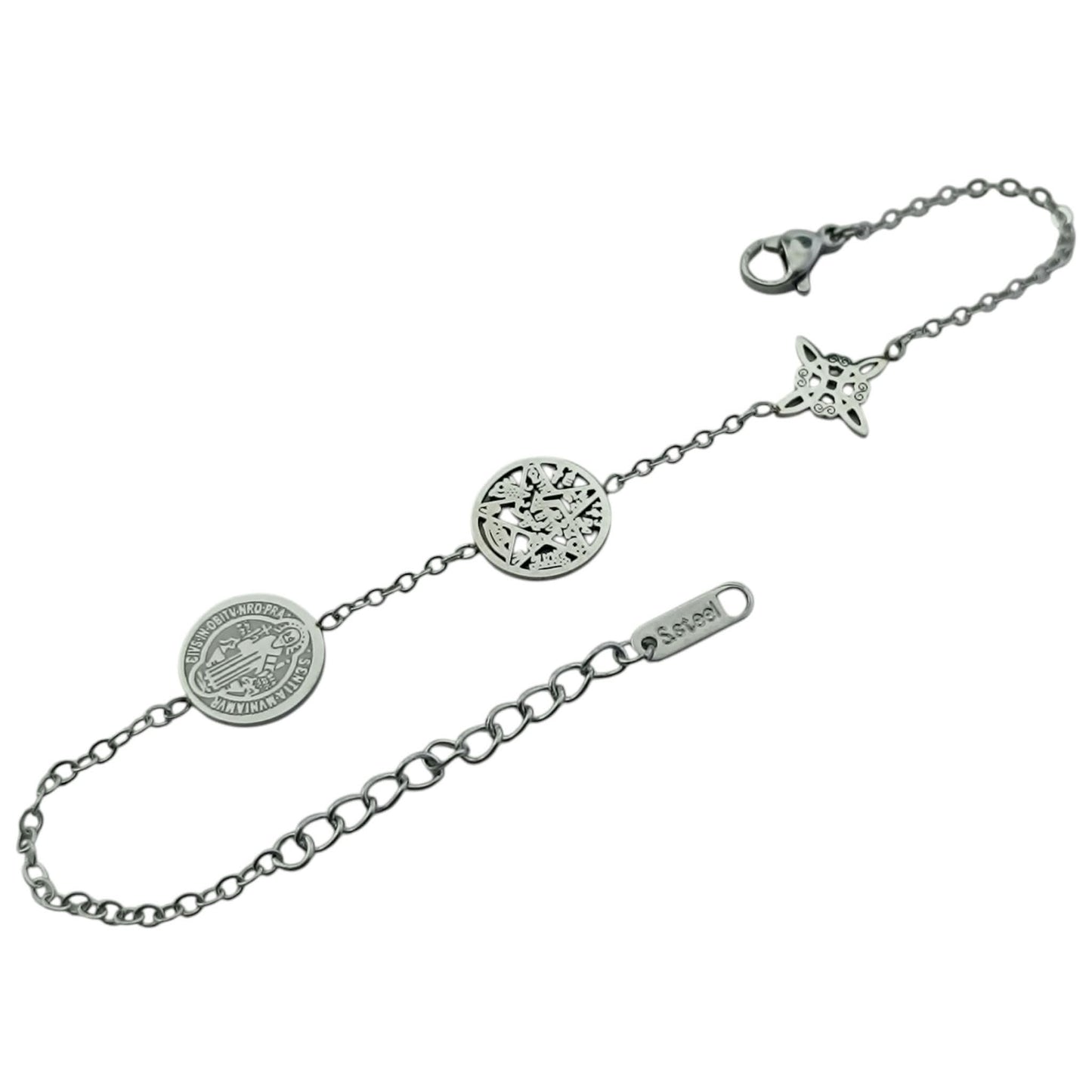 Pulsera Acero Triple Proteccion Con Dije Nudo De Bruja Tetragramaton Y San Benito Largo 18cms Aprox Ref: 600104445