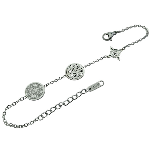 Pulsera Acero Triple Proteccion Con Dije Nudo De Bruja Tetragramaton Y San Benito Largo 18cms Aprox Ref: 600104445