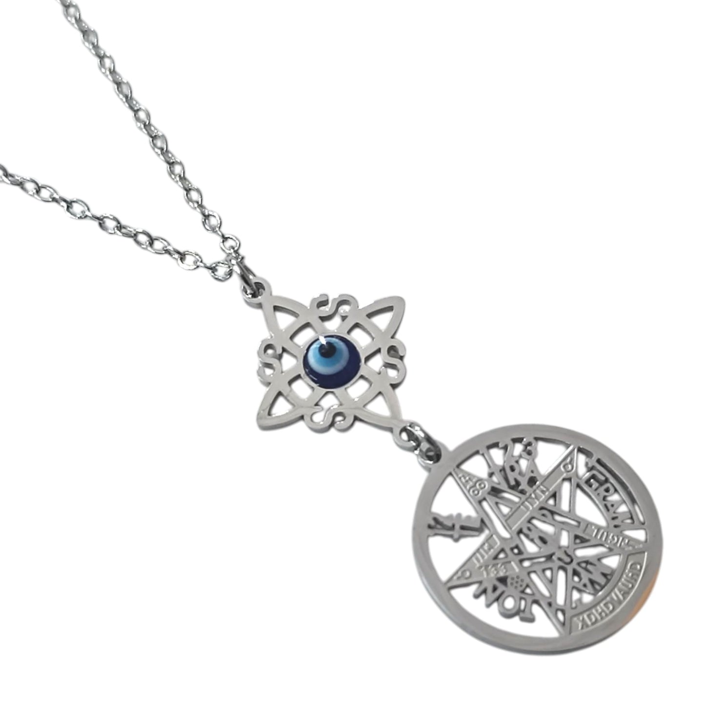 Collar Acero Doble Proteccion Nudo De Bruja Y Tetragramaton Con Ojo Turco Cadena 40+5 Cms 400503247-17