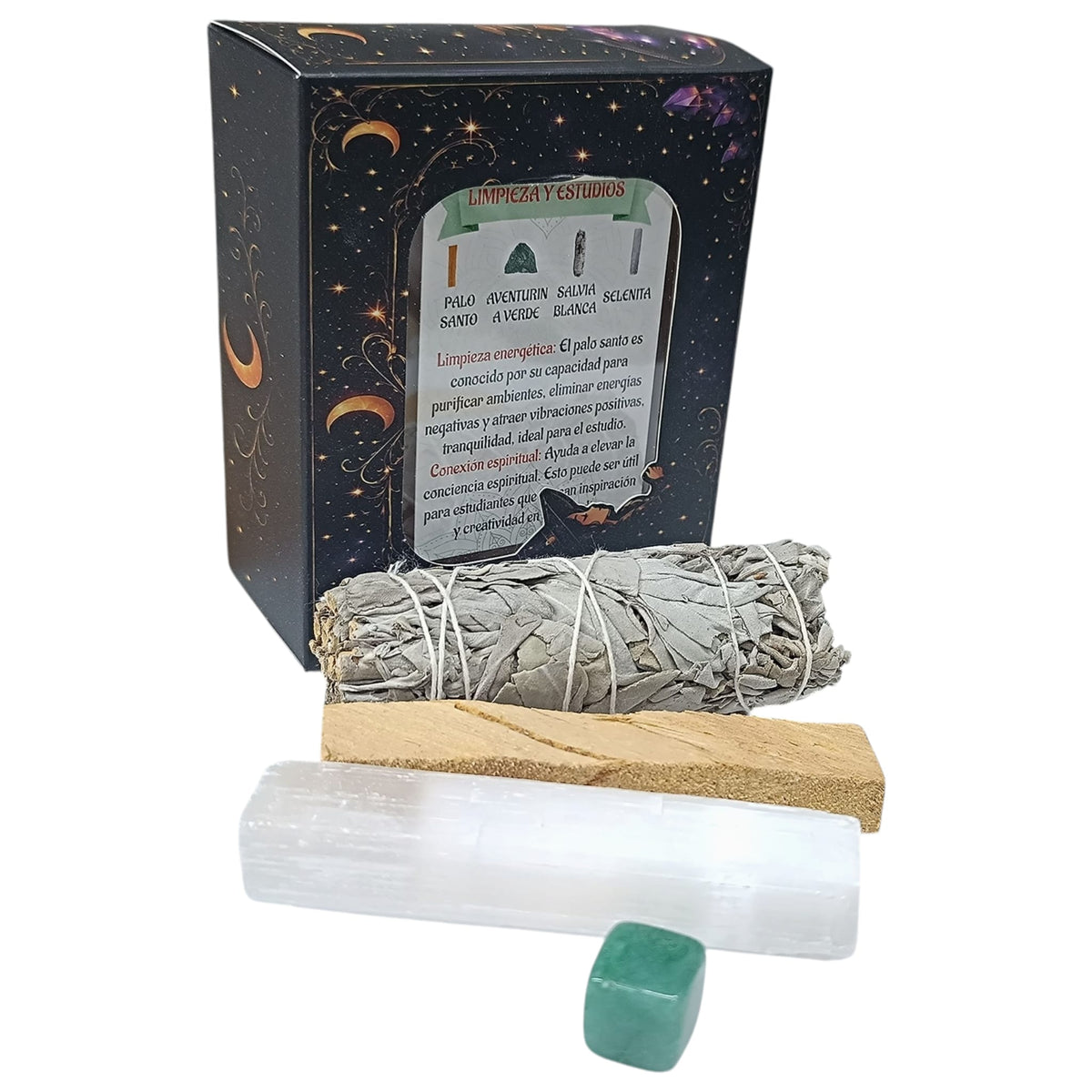 Kit Limpieza Y Estudios :Atado Salvia , Palo Santo, Selenita y Aventurina (Incluye Cajita De Presentacion) REF 200002961
