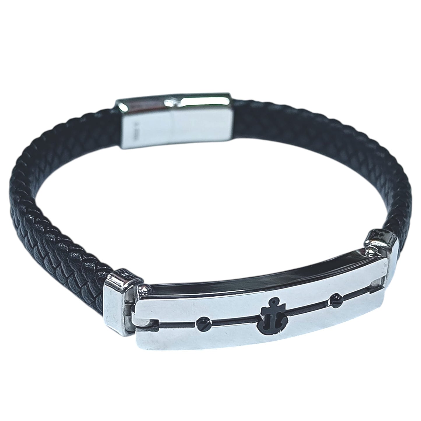 Pulsera Acero Y Cuero Ancla Largo 22 Cms Aprox 60438-07