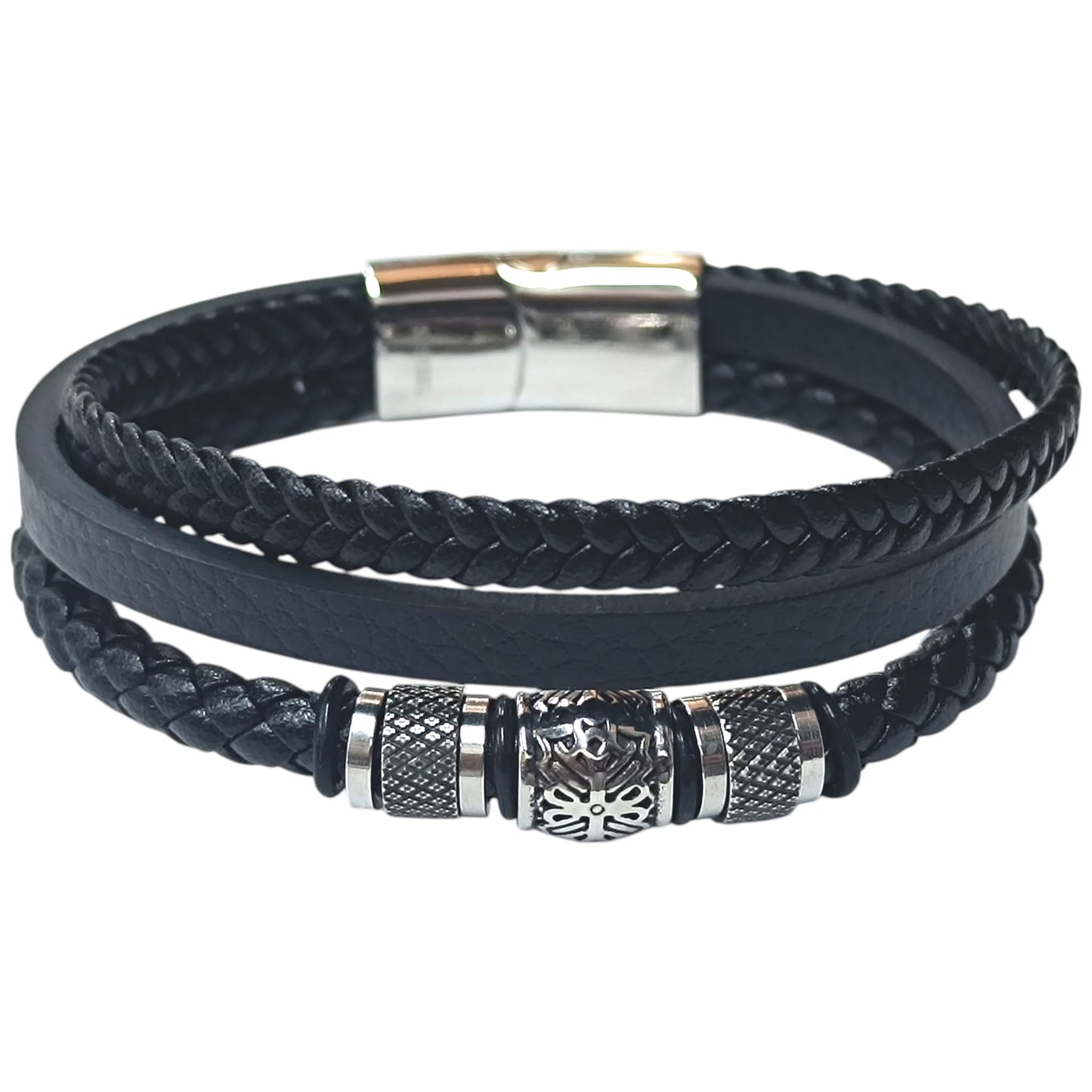 Pulsera Acero Y Cuero Negro Largo 22 Cms Aprox 401104257-003
