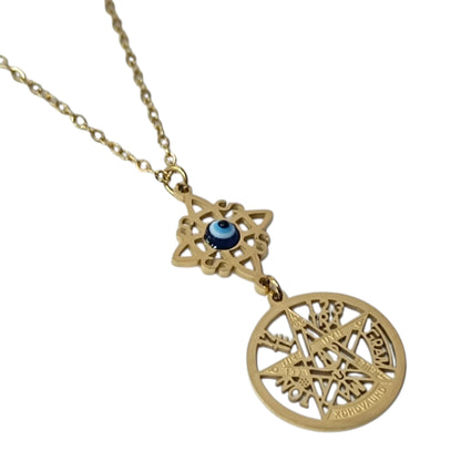 Collar Acero Dorado Doble Proteccion Nudo De Bruja Y Tetragramaton Con Ojo Turco Cadena 40+5 Cms 400503247-17