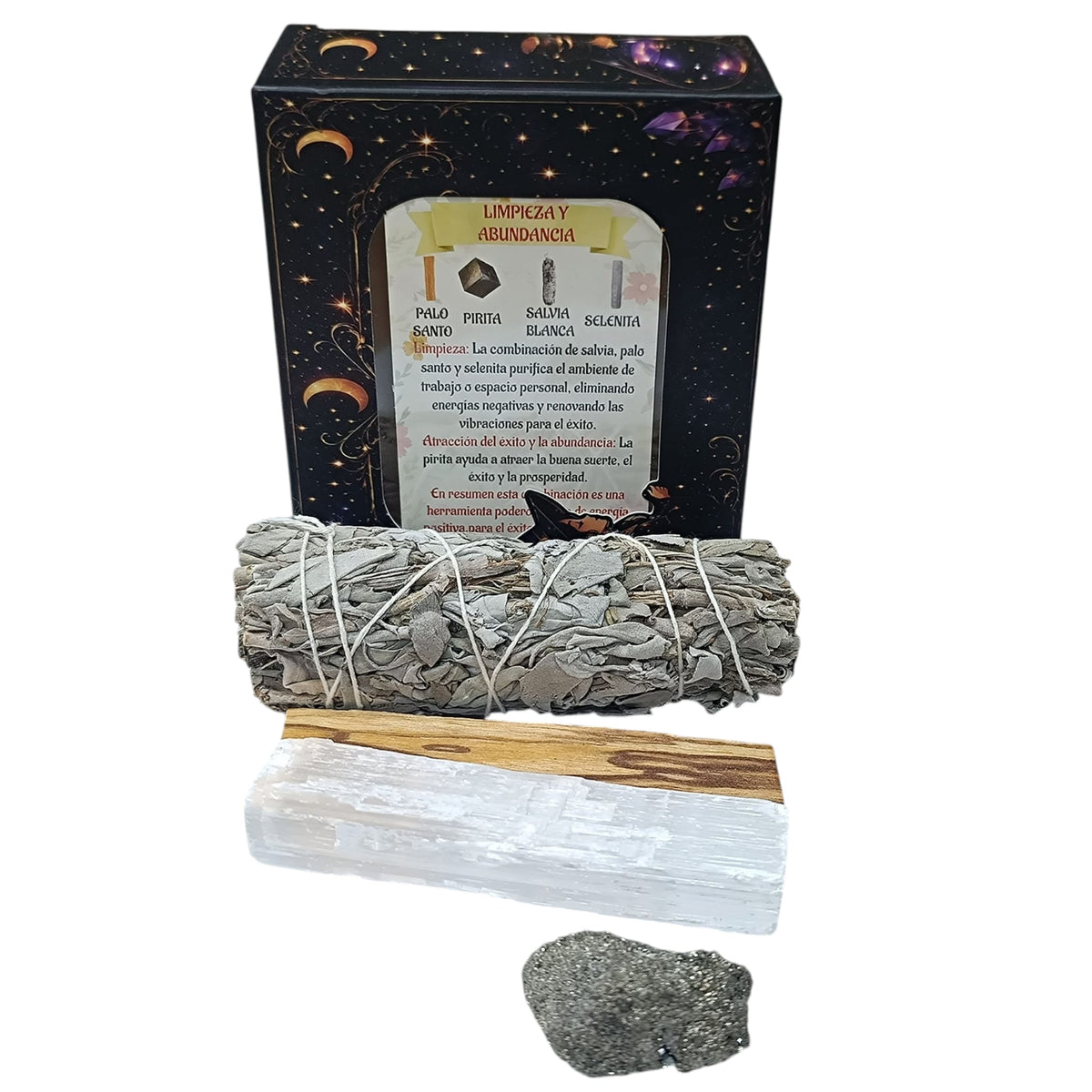 Kit Limpieza Y Abundancia :Atado Salvia , Palo Santo, Selenita y Pirita 200002977
