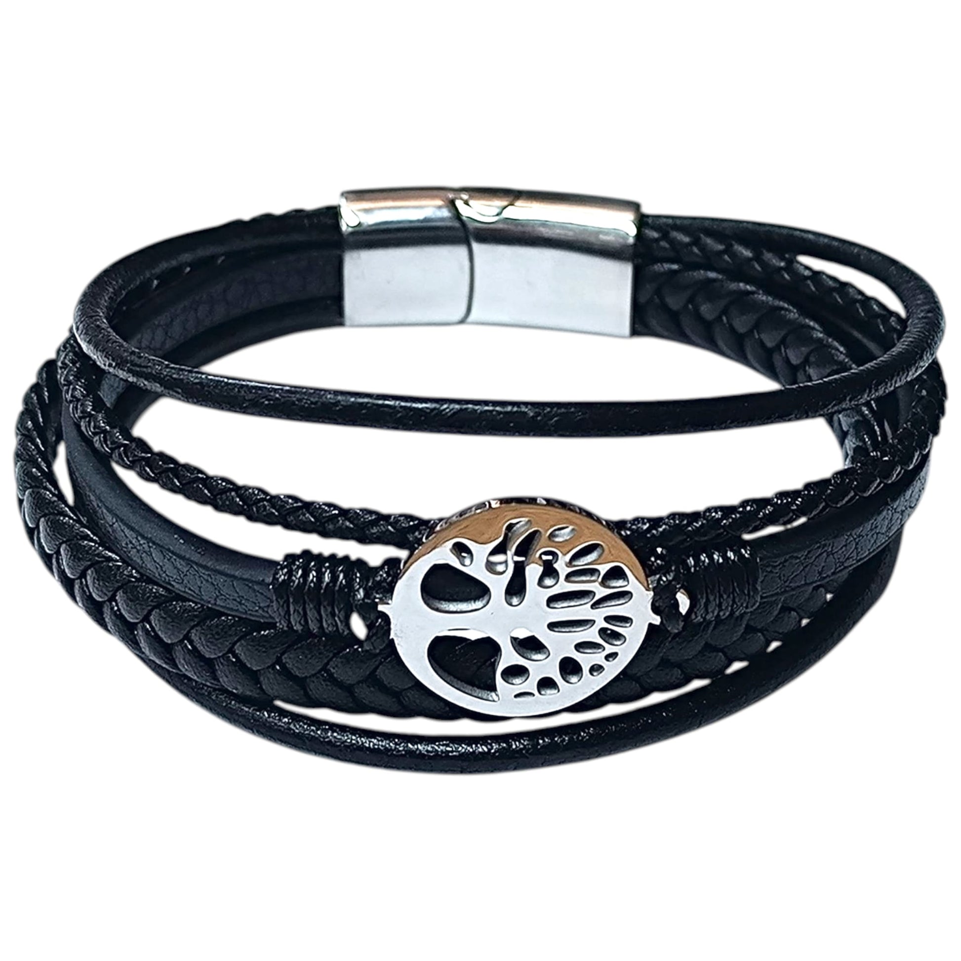 Pulsera Acero Y Cuero Negro Largo 22 Cms Aprox 401104257-011