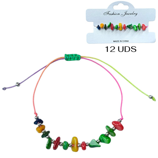 Paquete 12 Pulseras Hilo Con Piedra Nacar Multicolor TEÑIDO Chips Y Bolas Acero REF: 600104507