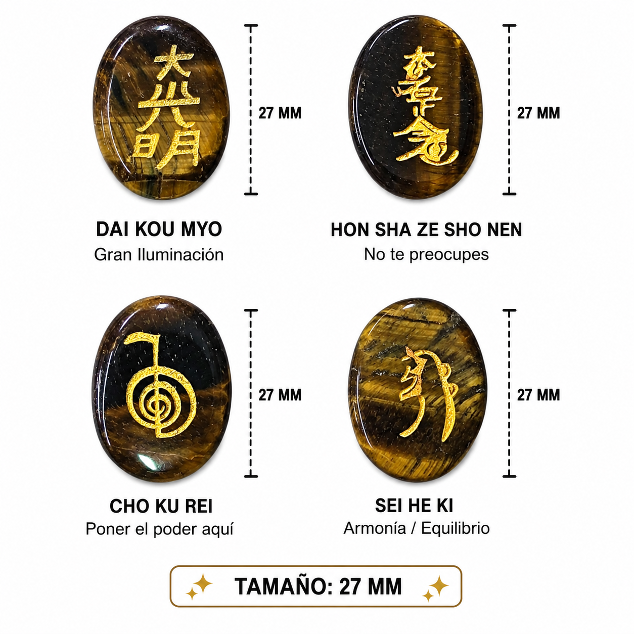 Kit Juego Piedra Natural Ojo De Tigre Y los 4 simbolos de Reiki 4 Pcs Ref:37986-09