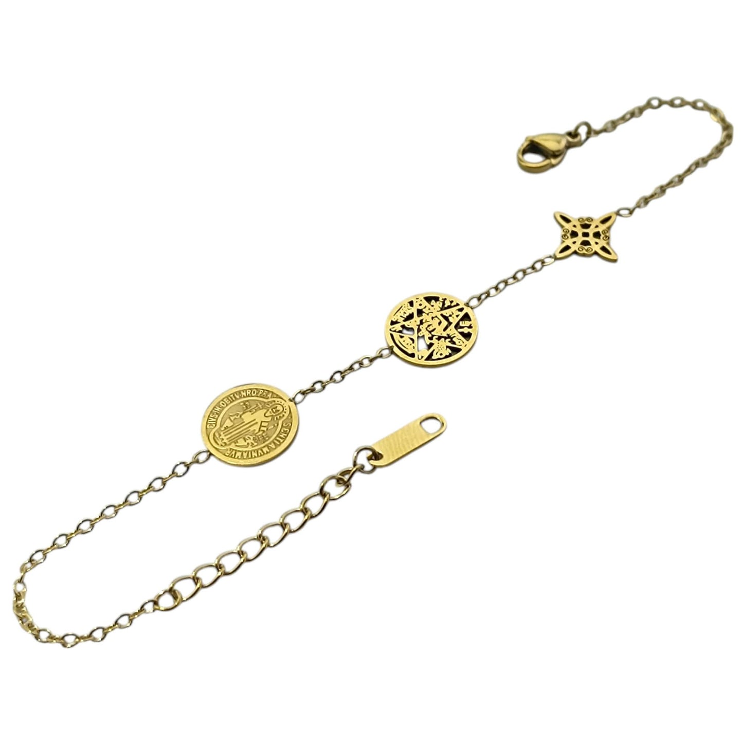 Pulsera Acero Dorado Triple Proteccion Con Dije Nudo De Bruja Tetragramaton Y San Benito Largo 18cms Aprox Ref: 600104446