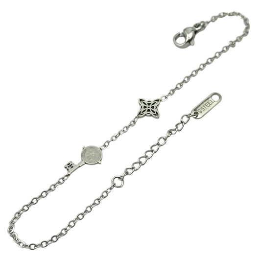 Pulsera Acero Doble Proteccion Con Dije Nudo De Bruja Y Llave San Benito Largo 18cms Aprox Ref: 600104454