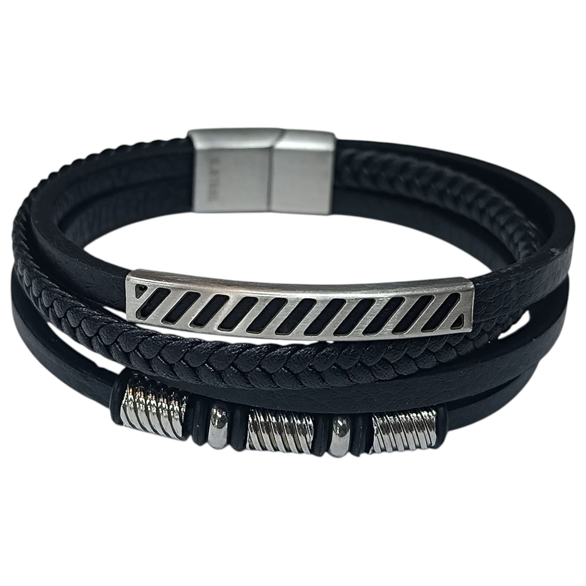 Pulsera Acero Y Cuero Negro Largo 22 Cms Aprox 401104257-47