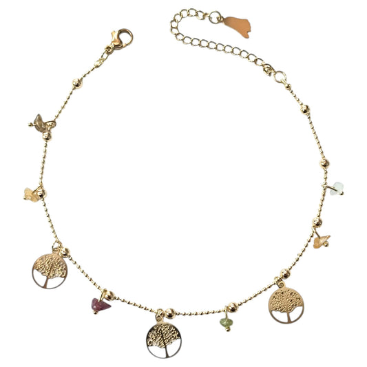 Tobillera Acero Inoxidable Dorado Con Dije Arbol De La Vida Y Piedras 61056-01