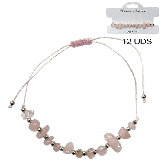 Paquete 12 Pulseras Hilo Con Piedra Cuarzo Rosa Chips Y Bolas Acero REF: 600104507
