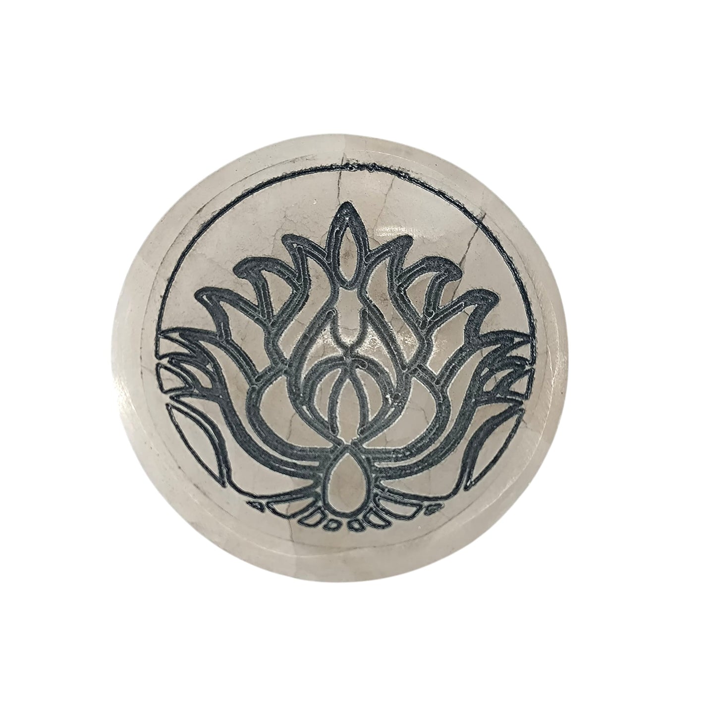 400901654 Cuenco Selenita Grabado Flor De Lotto 10 Cms Aprox