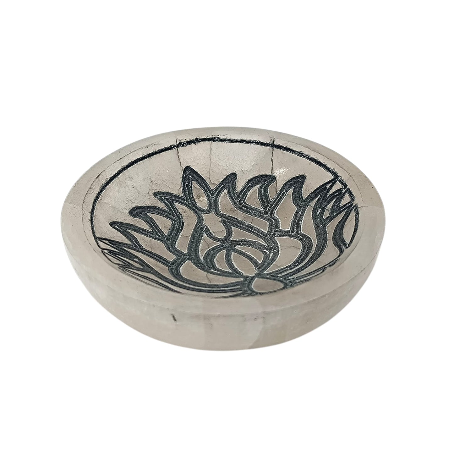 400901654 Cuenco Selenita Grabado Flor De Lotto 10 Cms Aprox