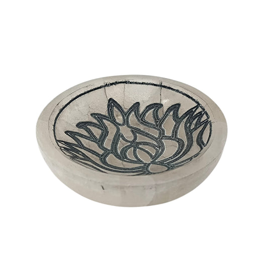 400901654 Cuenco Selenita Grabado Flor De Lotto 10 Cms Aprox