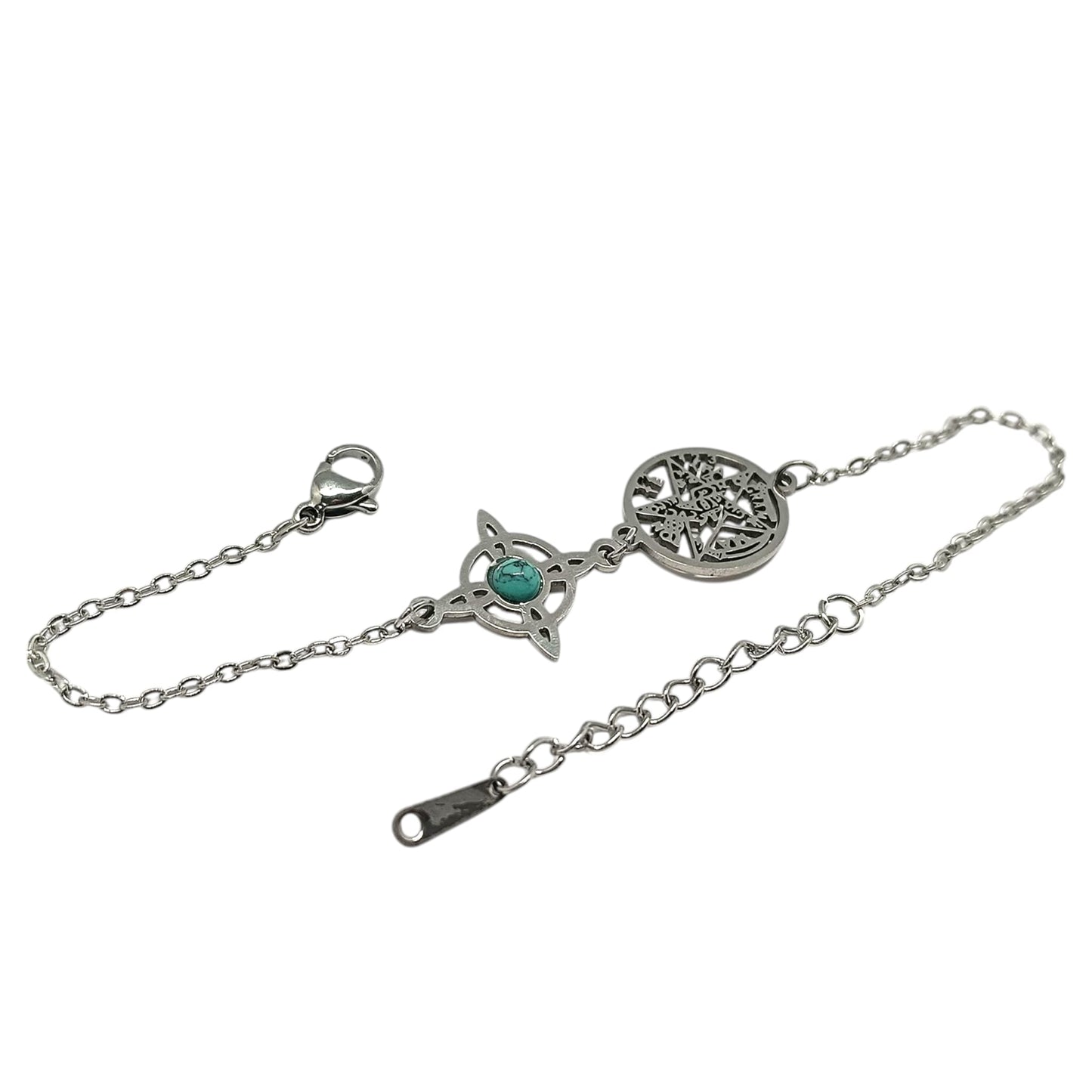 Pulsera Acero Doble Proteccion Con Dije Nudo De Bruja Tetragramaton Y Piedra Turquesina