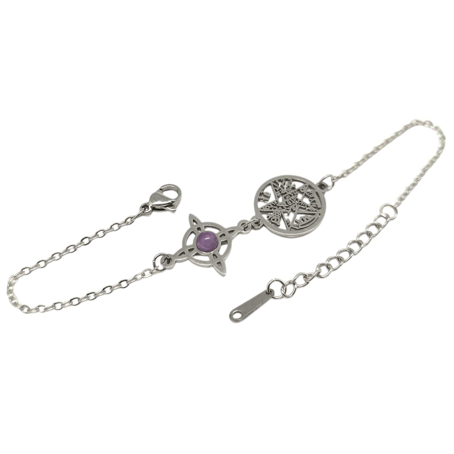 Pulsera Acero Doble Proteccion Con Dije Nudo De Bruja Tetragramaton Y Piedra Natural Amatista