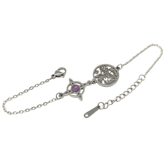 Pulsera Acero Doble Proteccion Con Dije Nudo De Bruja Tetragramaton Y Piedra Natural Amatista