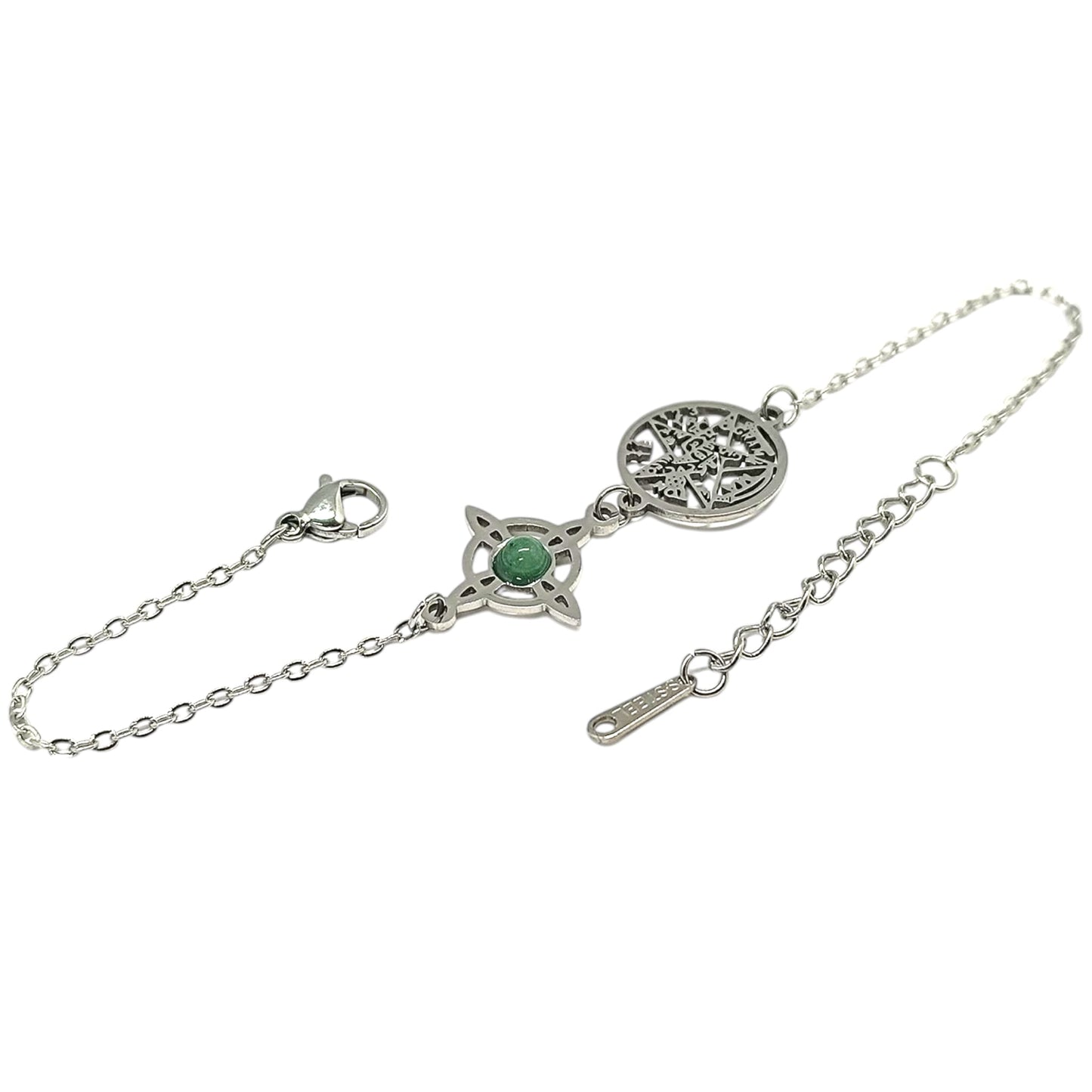 Pulsera Acero Doble Proteccion Con Dije Nudo De Bruja Tetragramaton Y Piedra Natural Aventurina