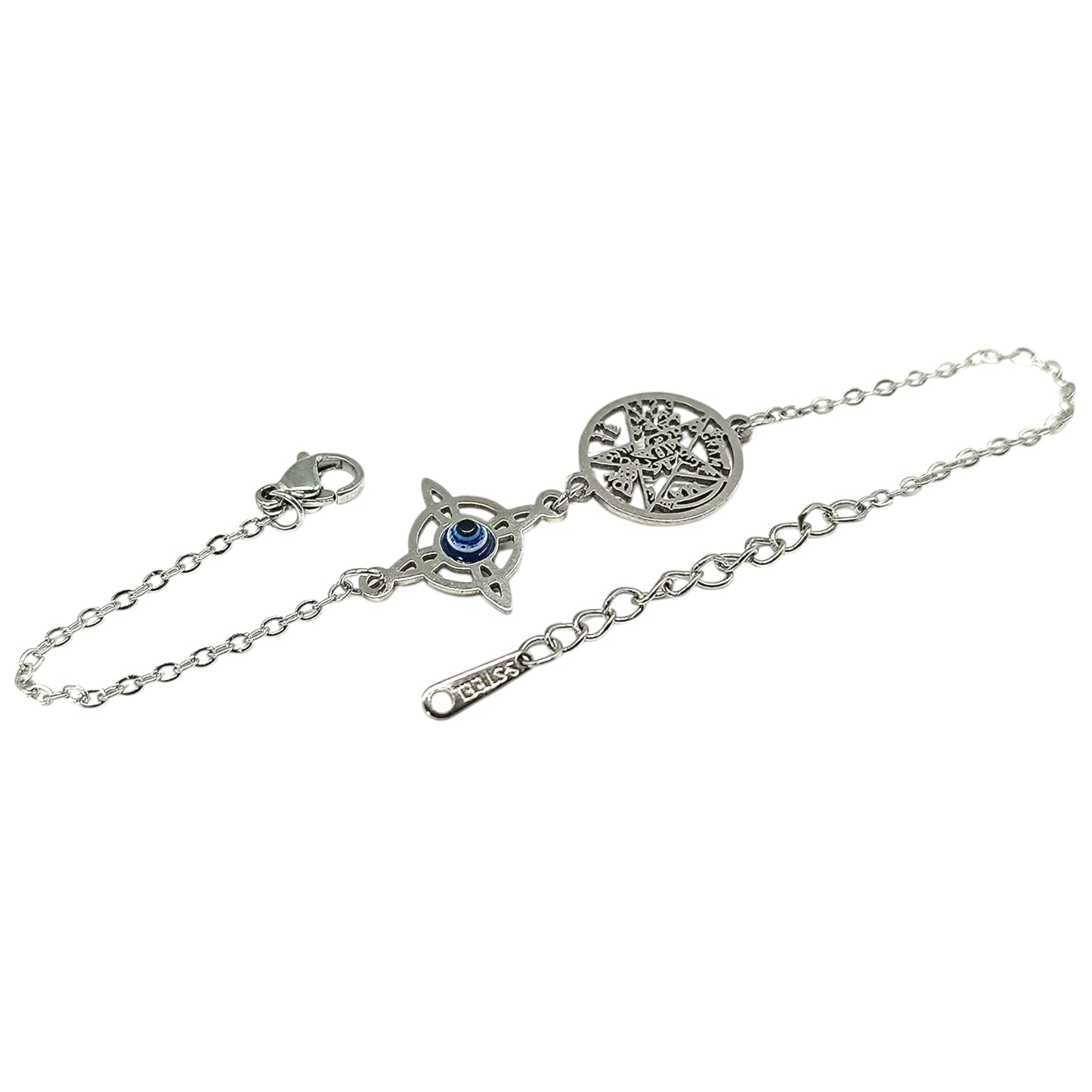 Pulsera Acero Doble Proteccion Con Dije Nudo De Bruja Tetragramaton Y Ojo Tuco