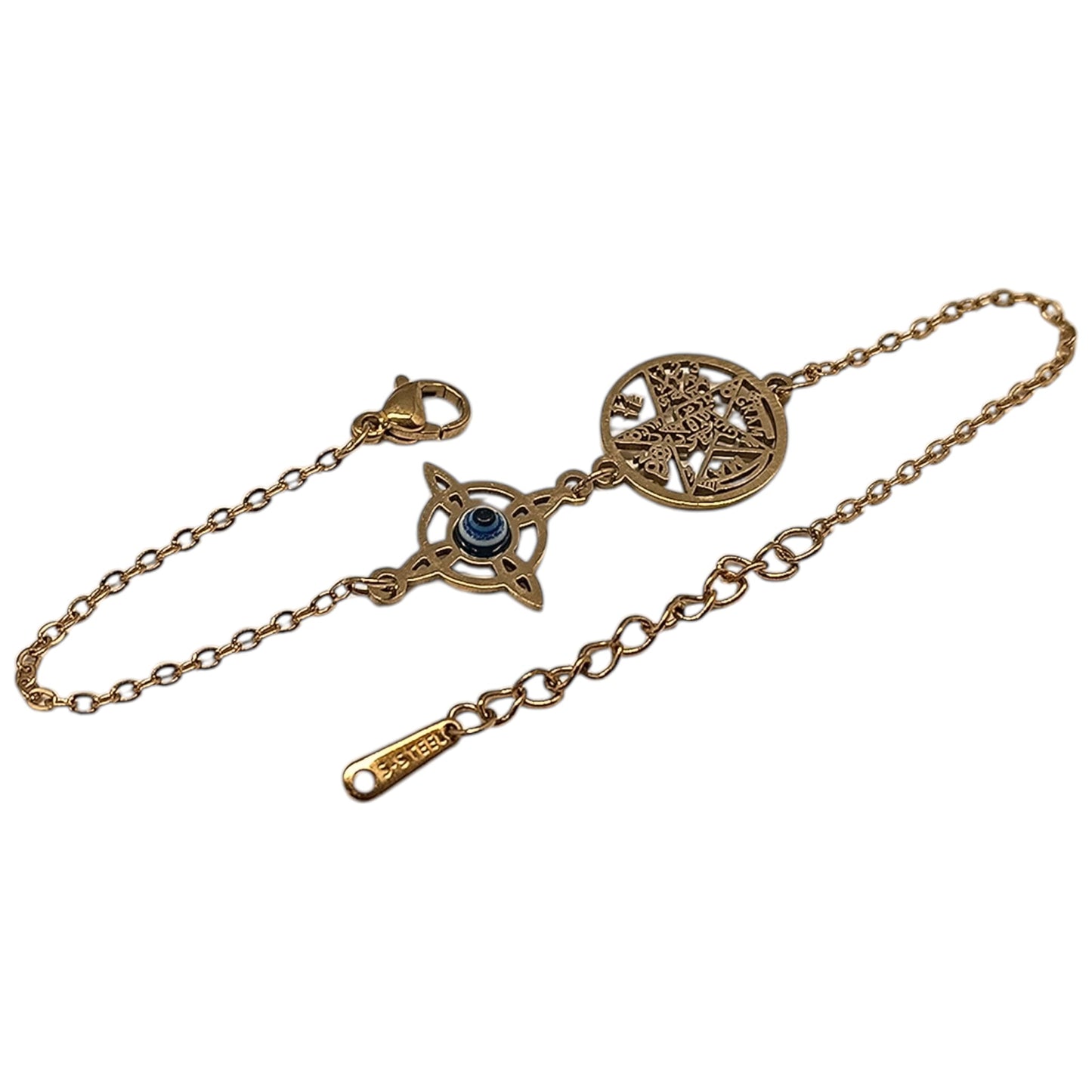 Pulsera Acero Dorado Doble Proteccion Con Dije Nudo De Bruja Tetragramaton Y Ojo Turco