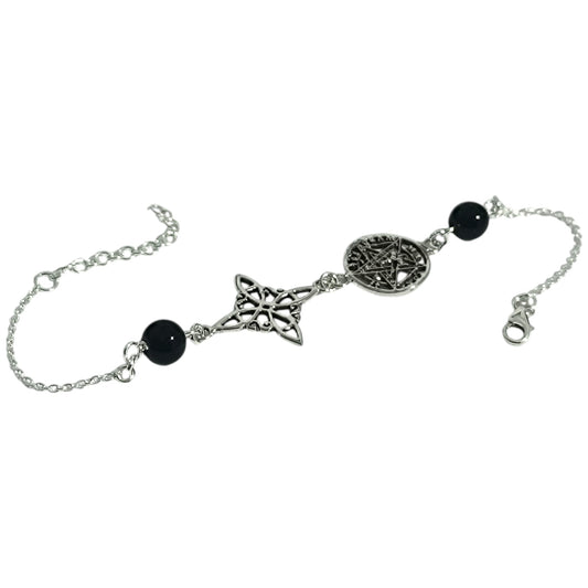 500303921-62 Pulsera Plata 925 Nudo De Bruja Tetragramaton Y Piedra Natural Turmalina 18 Cms Aprox