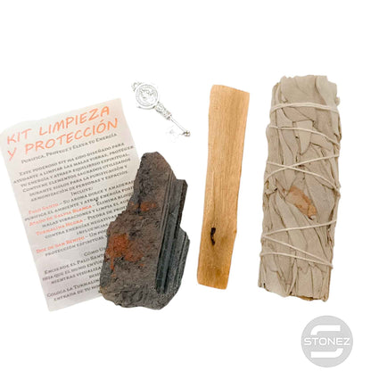 200002960 Kit Limpieza Y Proteccion :Atado Salvia , Palo Santo, Turmalina Y Dije Llave San Benito - stonez