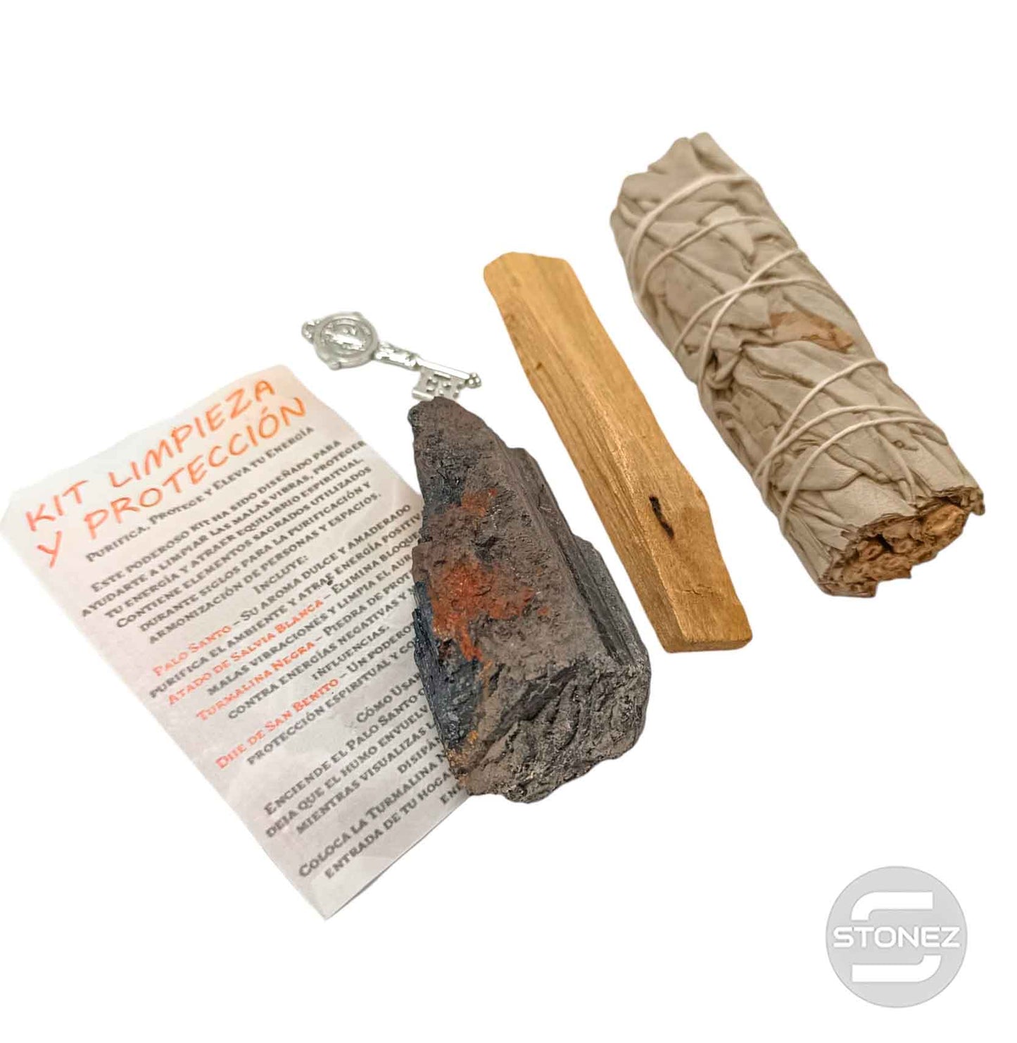 200002960 Kit Limpieza Y Proteccion :Atado Salvia , Palo Santo, Turmalina Y Dije Llave San Benito