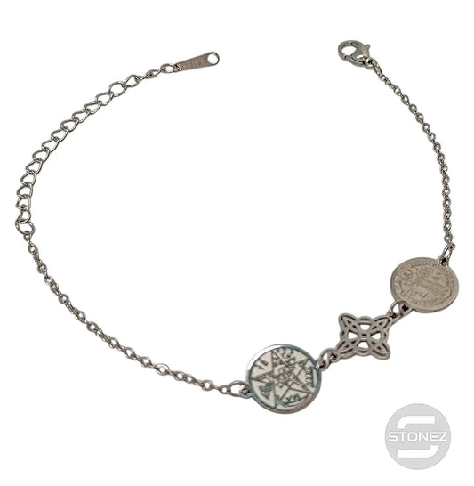 Pulsera Acero Triple Proteccion Con Dije Nudo De Bruja Tetragramaton Y San Benito