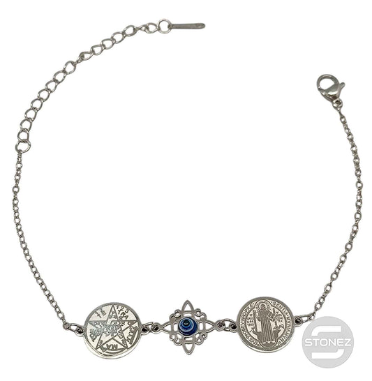 Pulsera Acero Plateado Triple Proteccion Con Dije Nudo De Bruja Ojo Turco Tetragramaton Y San Benito