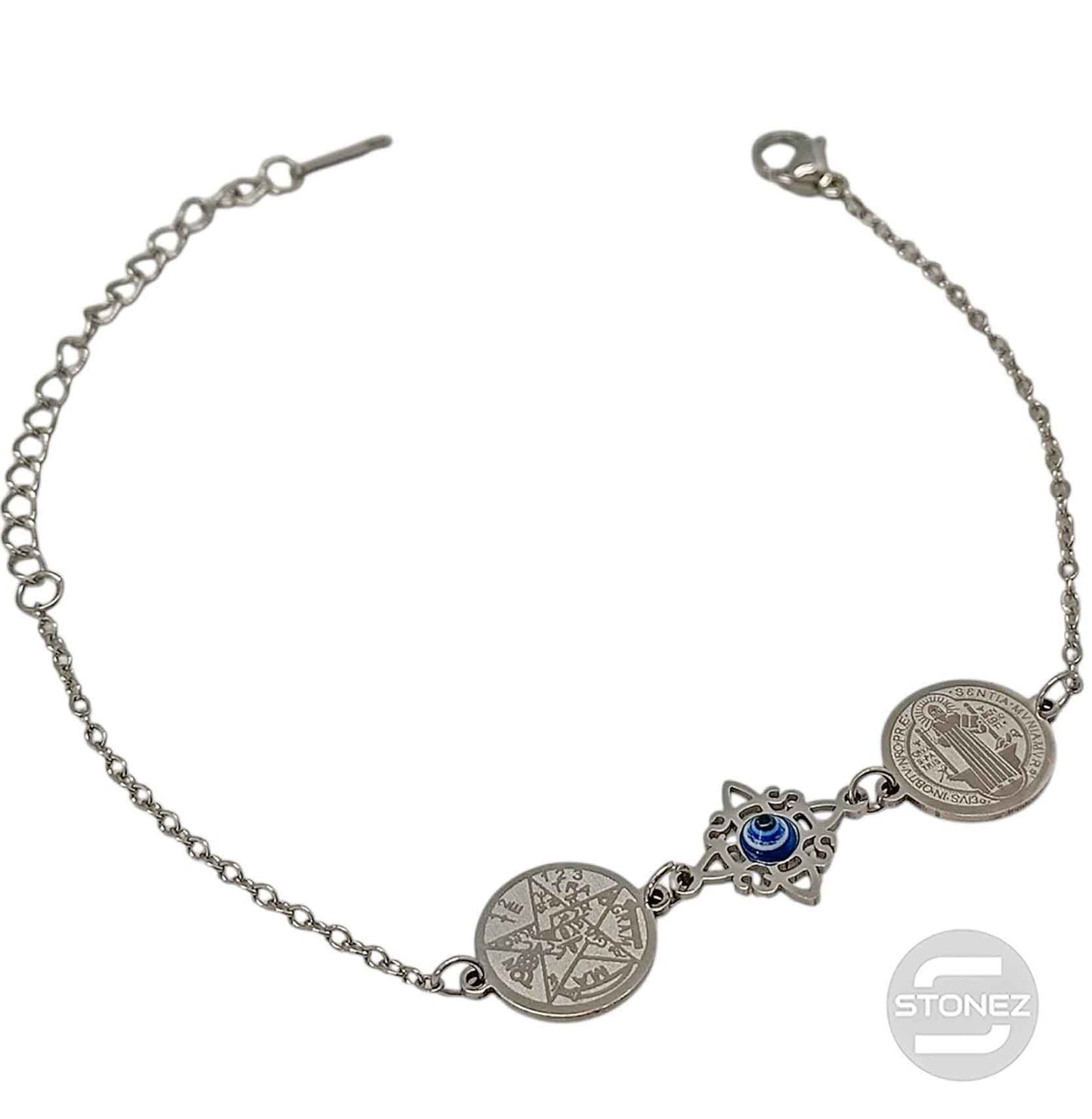 Pulsera Acero Plateado Triple Proteccion Con Dije Nudo De Bruja Ojo Turco Tetragramaton Y San Benito