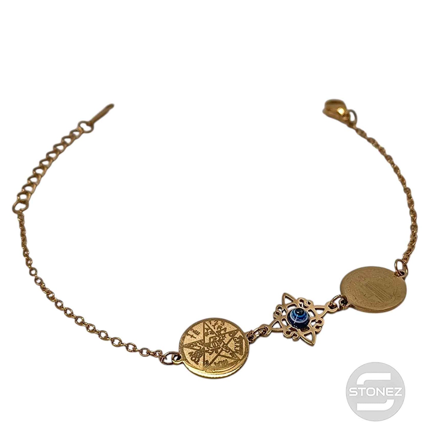 Pulsera Acero Dorado Triple Proteccion Con Dije Nudo De Bruja Ojo Turco Tetragramaton Y San Benito