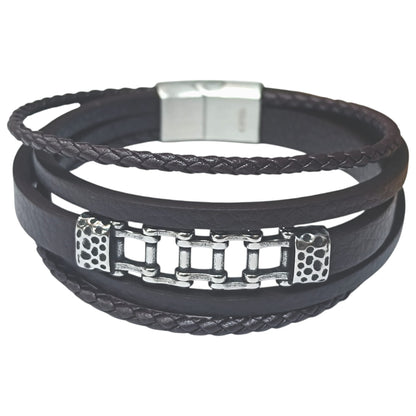 Pulsera Acero Y Cuero Negro Largo 22 Cms Aprox 401104257-001