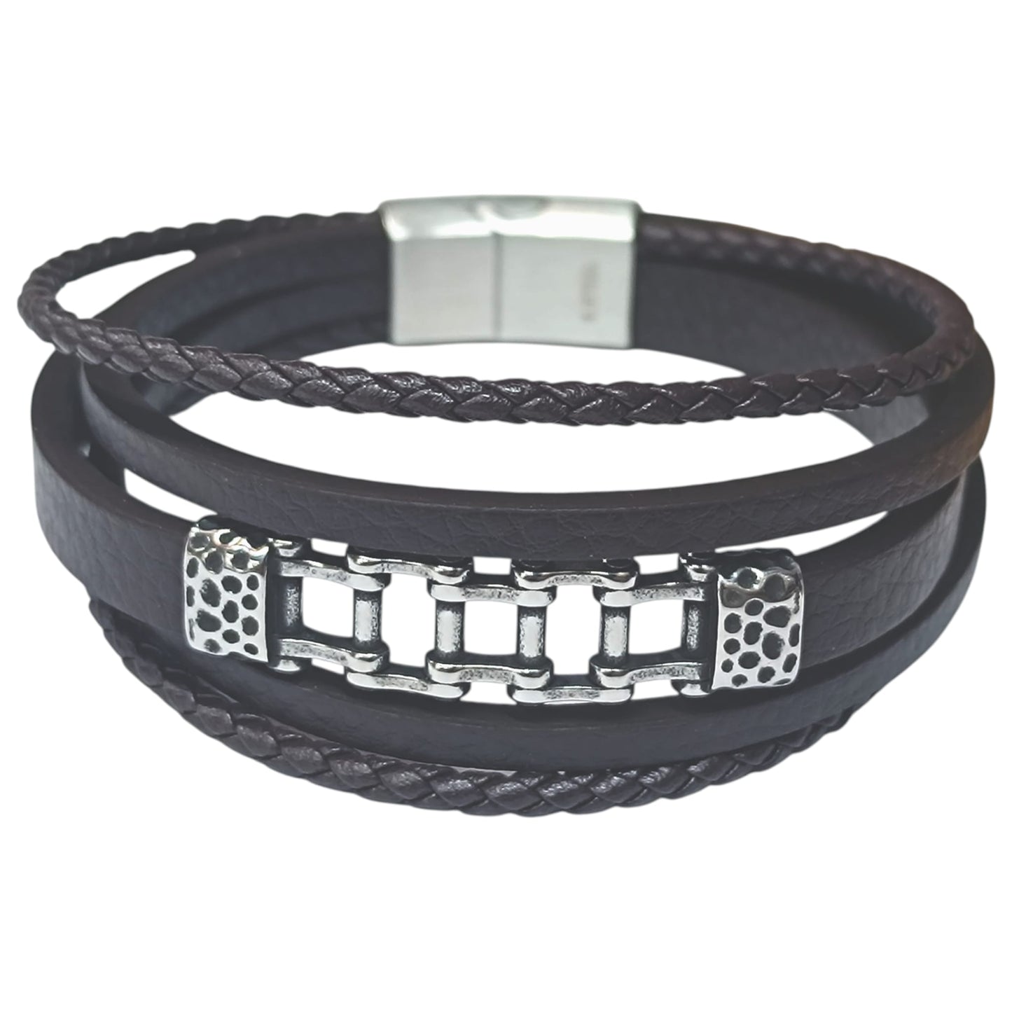 Pulsera Acero Y Cuero Marron Largo 22 Cms Aprox 401104257-008