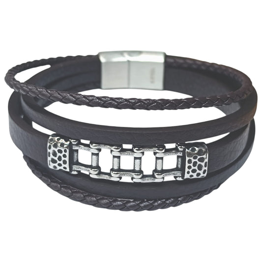 Pulsera Acero Y Cuero Marron Largo 22 Cms Aprox 401104257-008