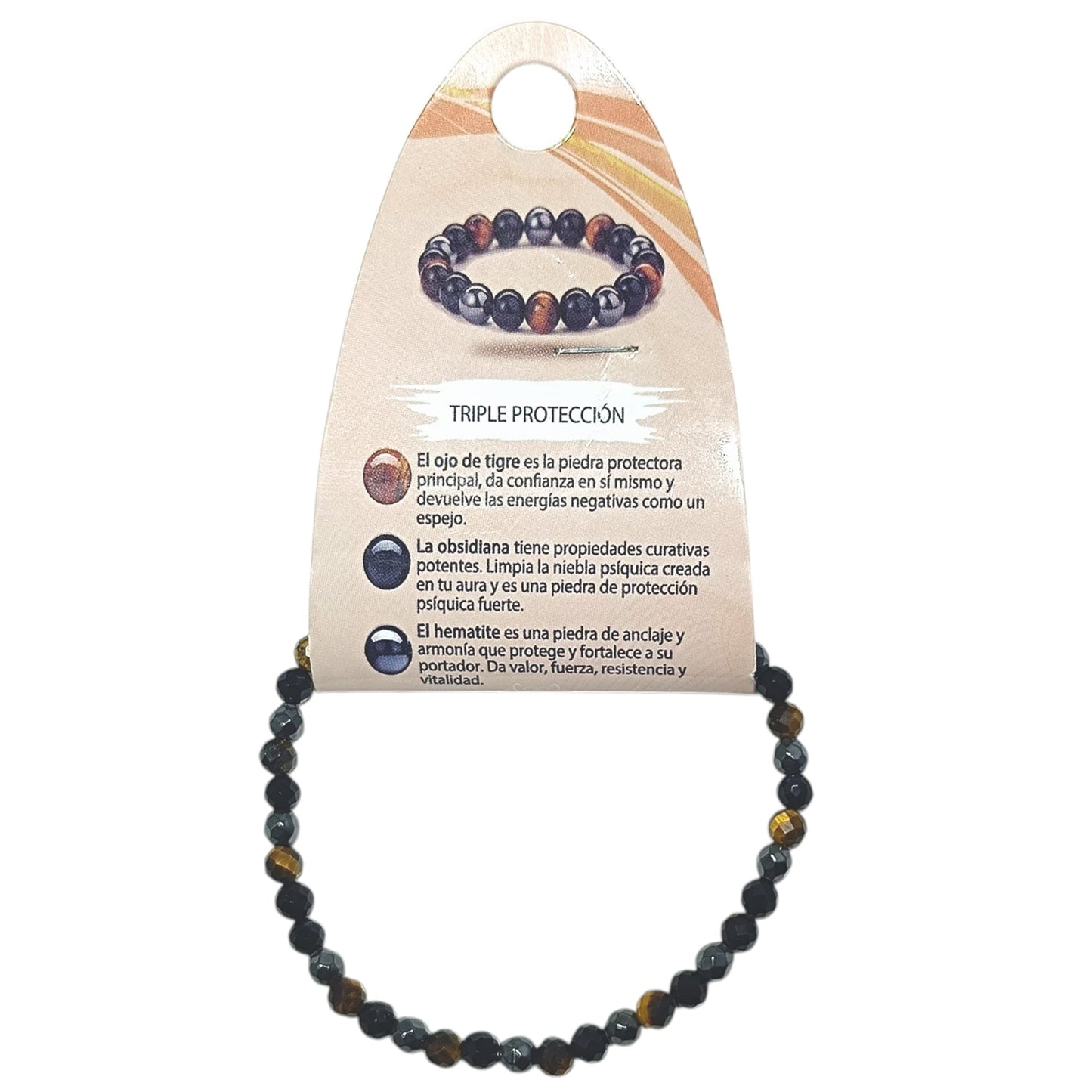 Pulsera Combinada Triple Proteccion Piedra Natural Facetada Ojo Tigre Obsidiana Hematite 4 mm Ref: 70279