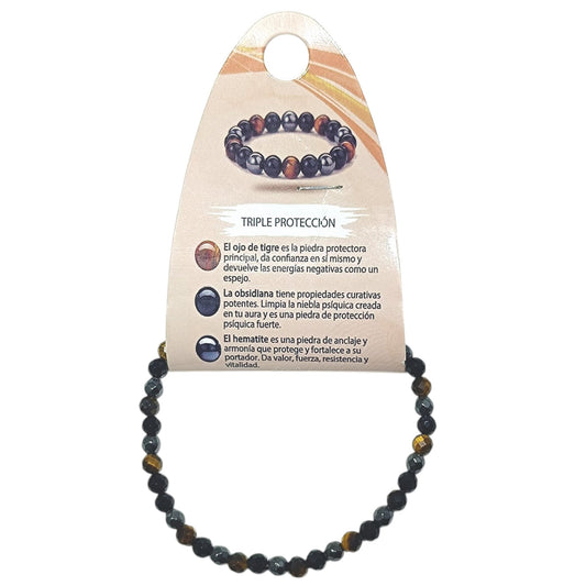 Pulsera Combinada Triple Proteccion Piedra Natural Facetada Ojo Tigre Obsidiana Hematite 4 mm Ref: 70279