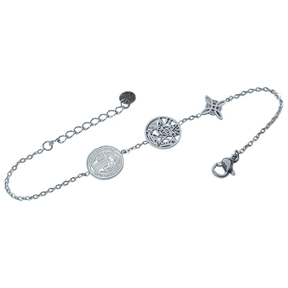 Pulsera Acero Triple Proteccion Con Dije Nudo De Bruja Tetragramaton Y San Benito