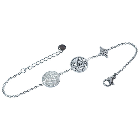 Pulsera Acero Triple Proteccion Con Dije Nudo De Bruja Tetragramaton Y San Benito