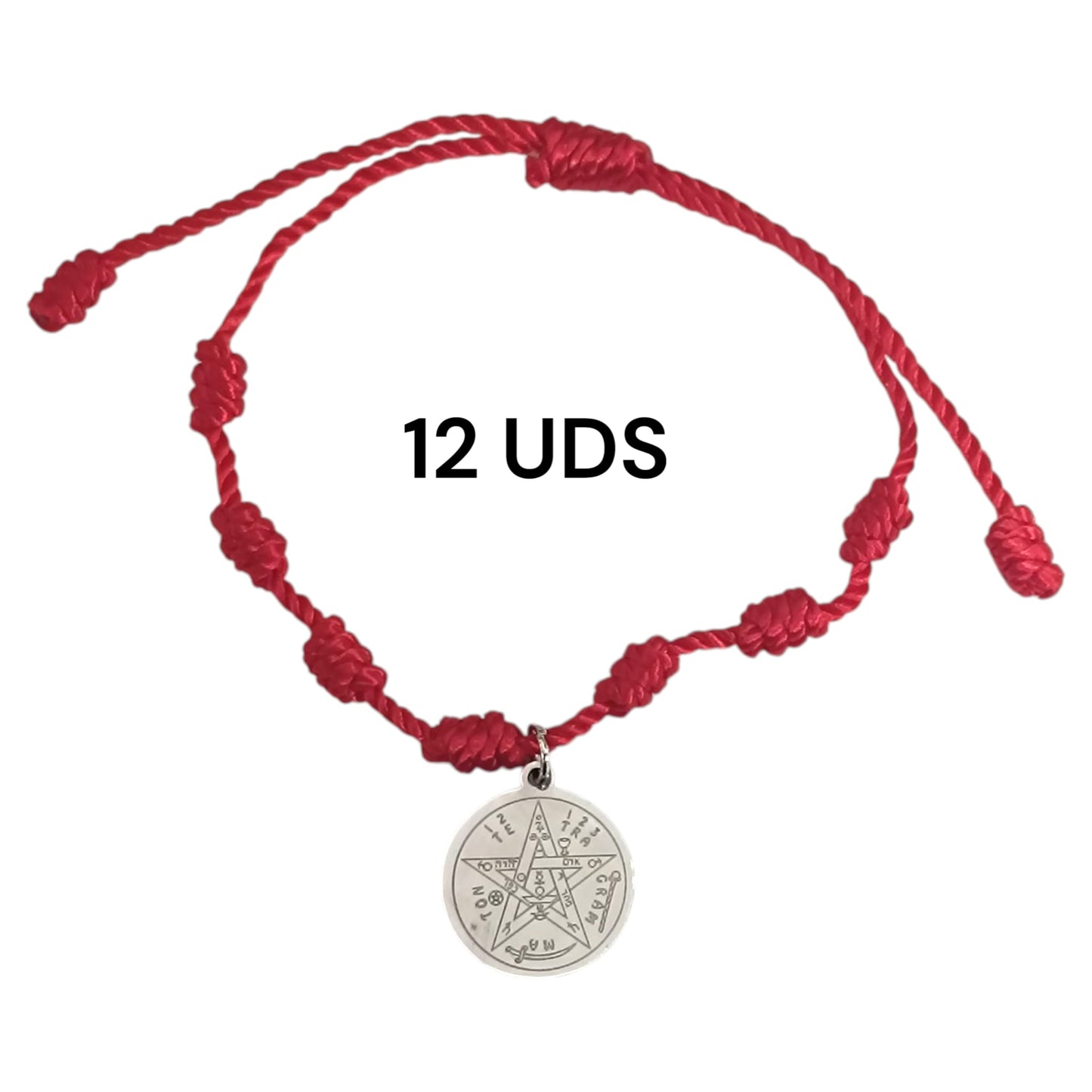 600104116-08 Paquete 12 Pulseras 7 Nudos Con Dije Tetragramaton En Acero