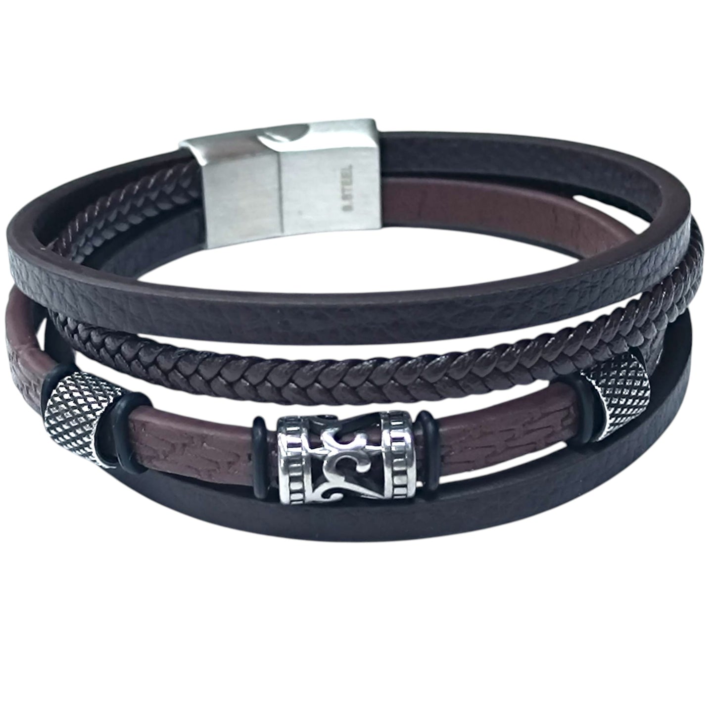 Pulsera Acero Y Cuero Marron Largo 22 Cms Aprox 401104257-28