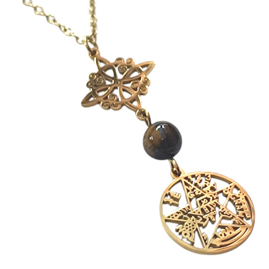 Collar Acero Dorado Doble Proteccion Y Piedra Natural Ojo De Tigre Cadena 40+5 Cms 400503423-06