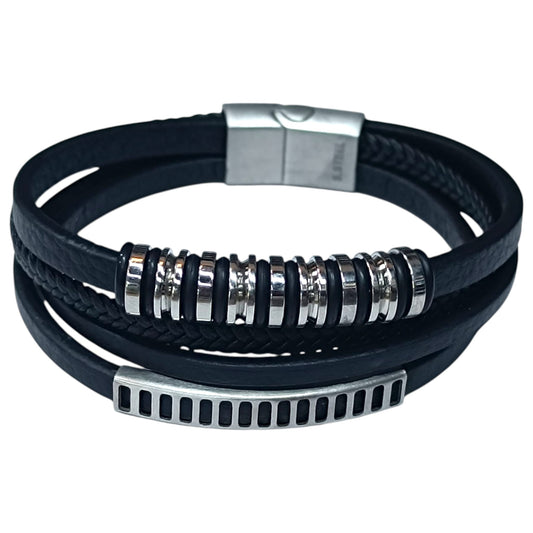 Pulsera Acero Y Cuero Negro Largo 22 Cms Aprox 401104257-19