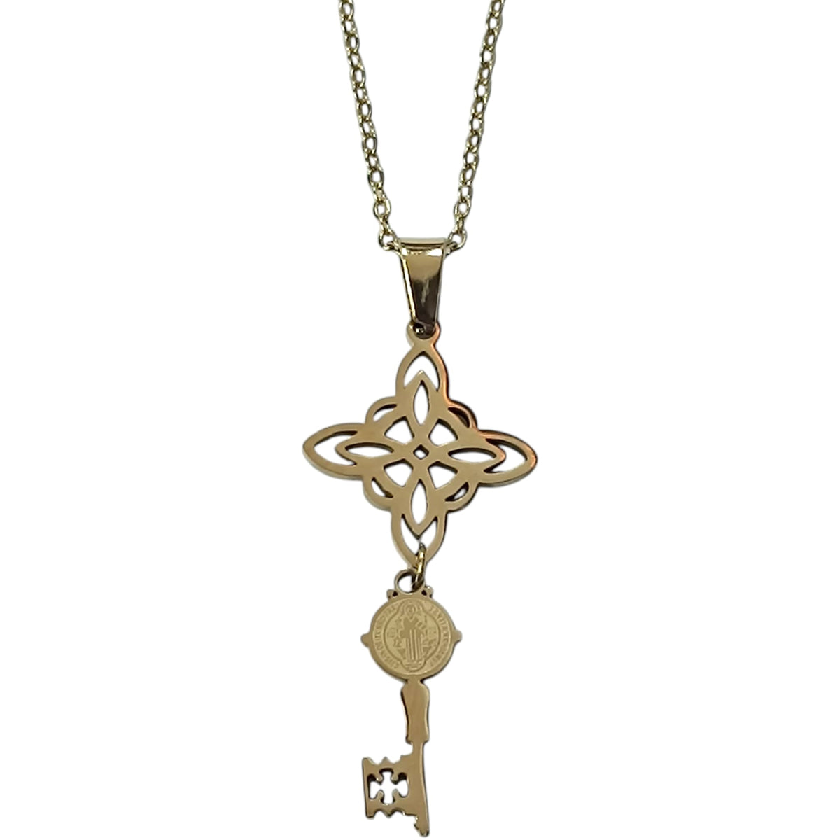 Collar Acero Dorado Doble Proteccion Medalla Nudo De Bruja - Llave San Benito 45 mm Largo Cadena 42+5 Cms REF: 600104412