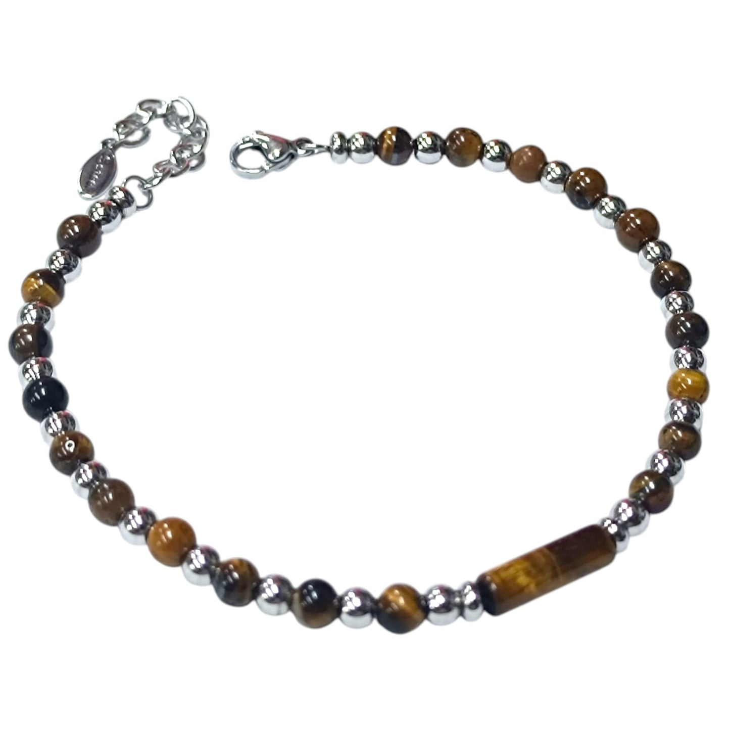 Pulsera Acero Y Piedra Natural Ojo De Tigre 4 mm Cierre Mosqueton 21 cms Largo 400104244-01