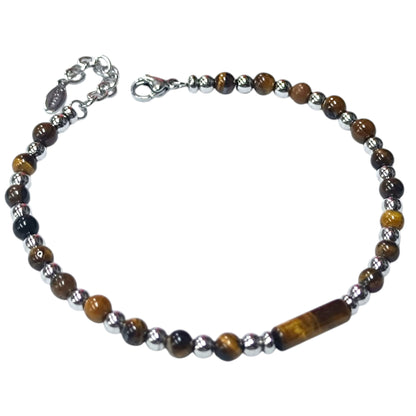 Pulsera Acero Y Piedra Natural Ojo De Tigre 4 mm Cierre Mosqueton 21 cms Largo 400104244-01